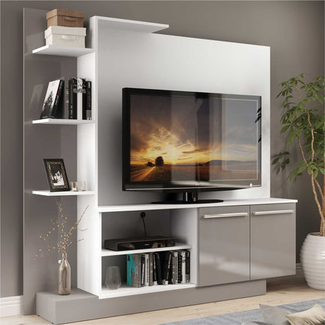 Centro de Entretenimiento Colon Blanco y Gris 165x164cm para Tv Hasta 55" Pulgadas con Un Cajón y con Seis Compartimientos - MUEBLES DE TV | Bylmo