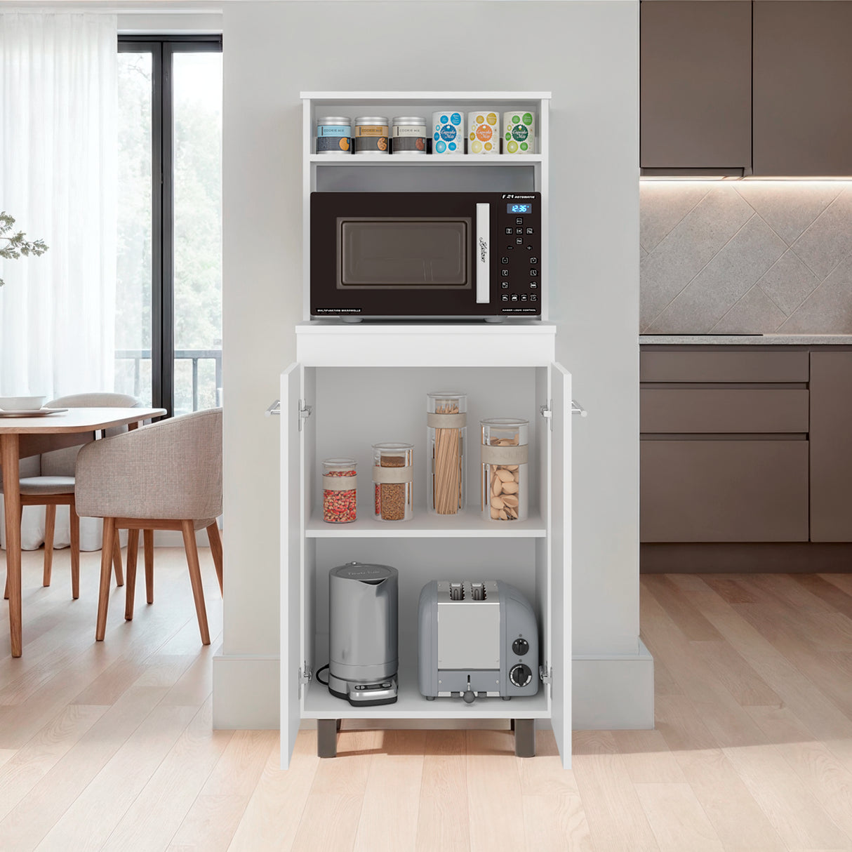 Mueble Microondas Alani Blanco 60x140cm con Dos Puertas y con Patas