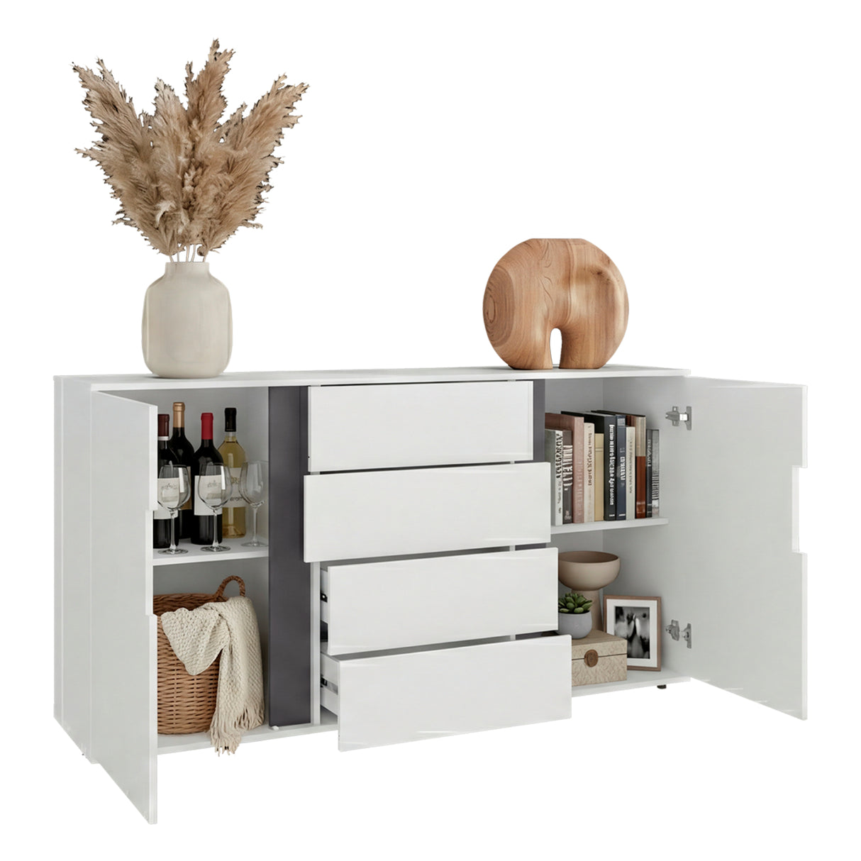 Cómoda Bisbee Blanco Marquez y Plomo 160x85cm de Cuatro Hileras con Cuatro Cajones - CAJONERAS Y COMODAS | Bylmo