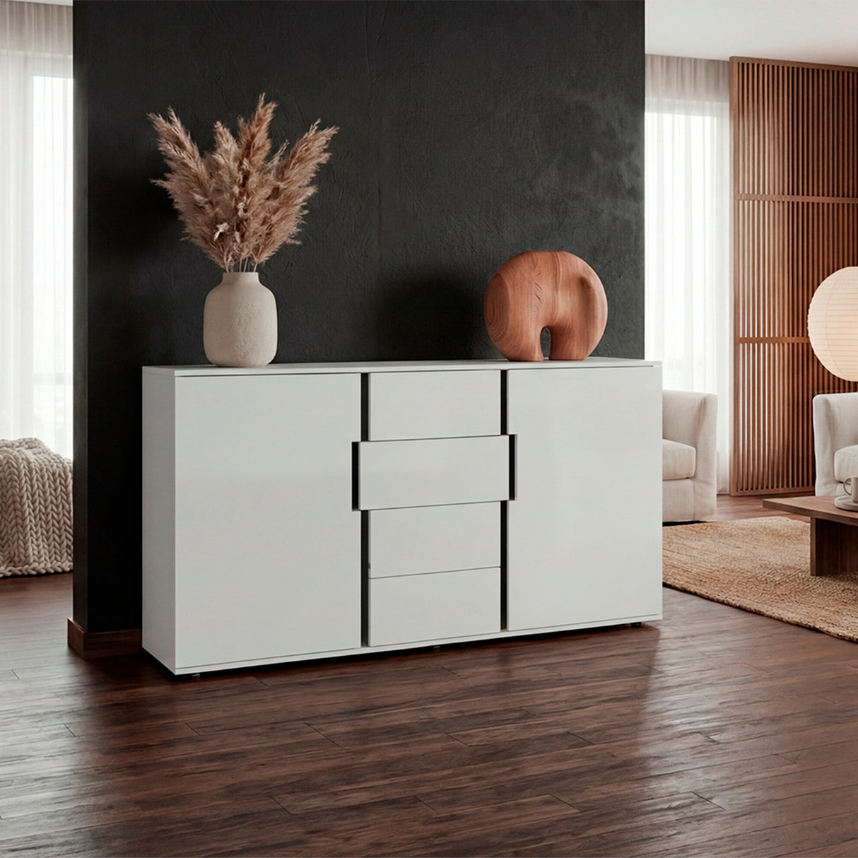 Cómoda Bisbee Blanco Marquez y Plomo 160x85cm de Cuatro Hileras con Cuatro Cajones - CAJONERAS Y COMODAS | Bylmo