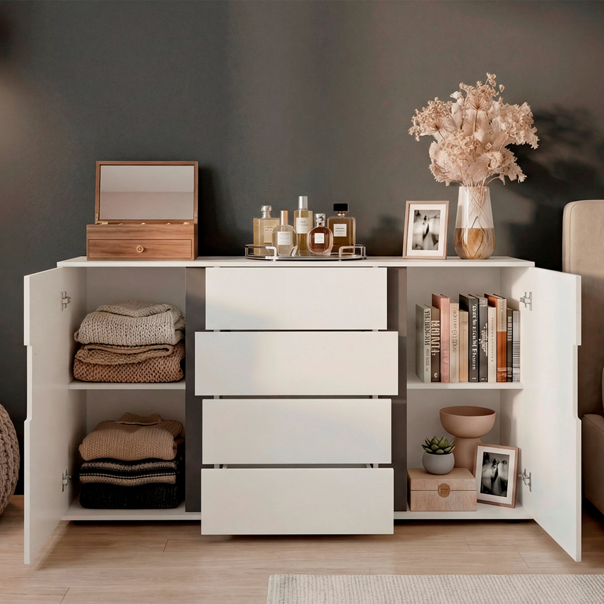 Cómoda Bisbee Blanco Marquez y Plomo 160x85cm de Cuatro Hileras con Cuatro Cajones - CAJONERAS Y COMODAS | Bylmo