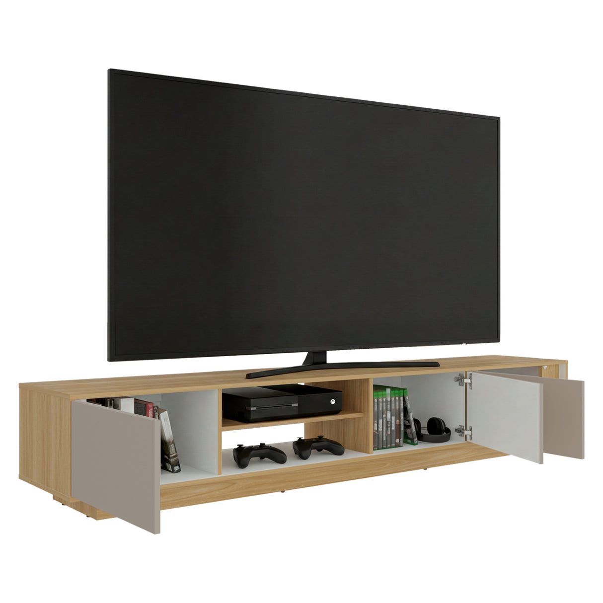 Rack de TV Maldivas Fresno Europeo y Capri 230x40cm para TV Hasta 85" Pulgadas con Dos Compartimientos - MUEBLES DE TV | Bylmo
