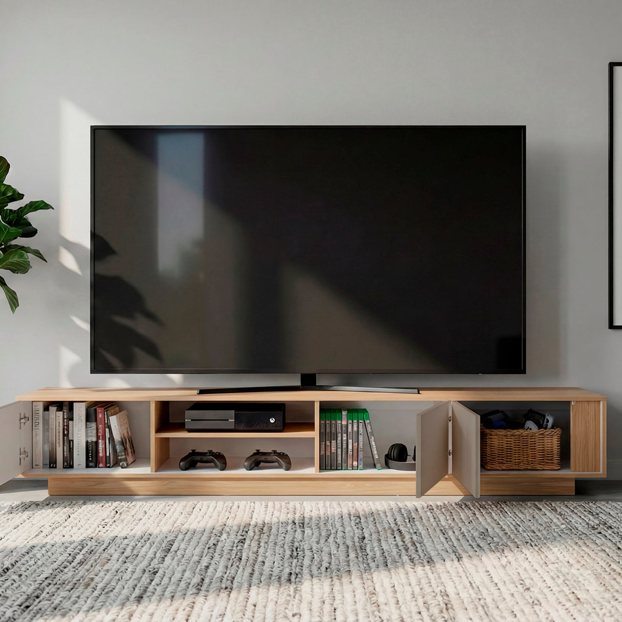 Rack de TV Maldivas Fresno Europeo y Capri 230x40cm para TV Hasta 85" Pulgadas con Dos Compartimientos - MUEBLES DE TV | Bylmo