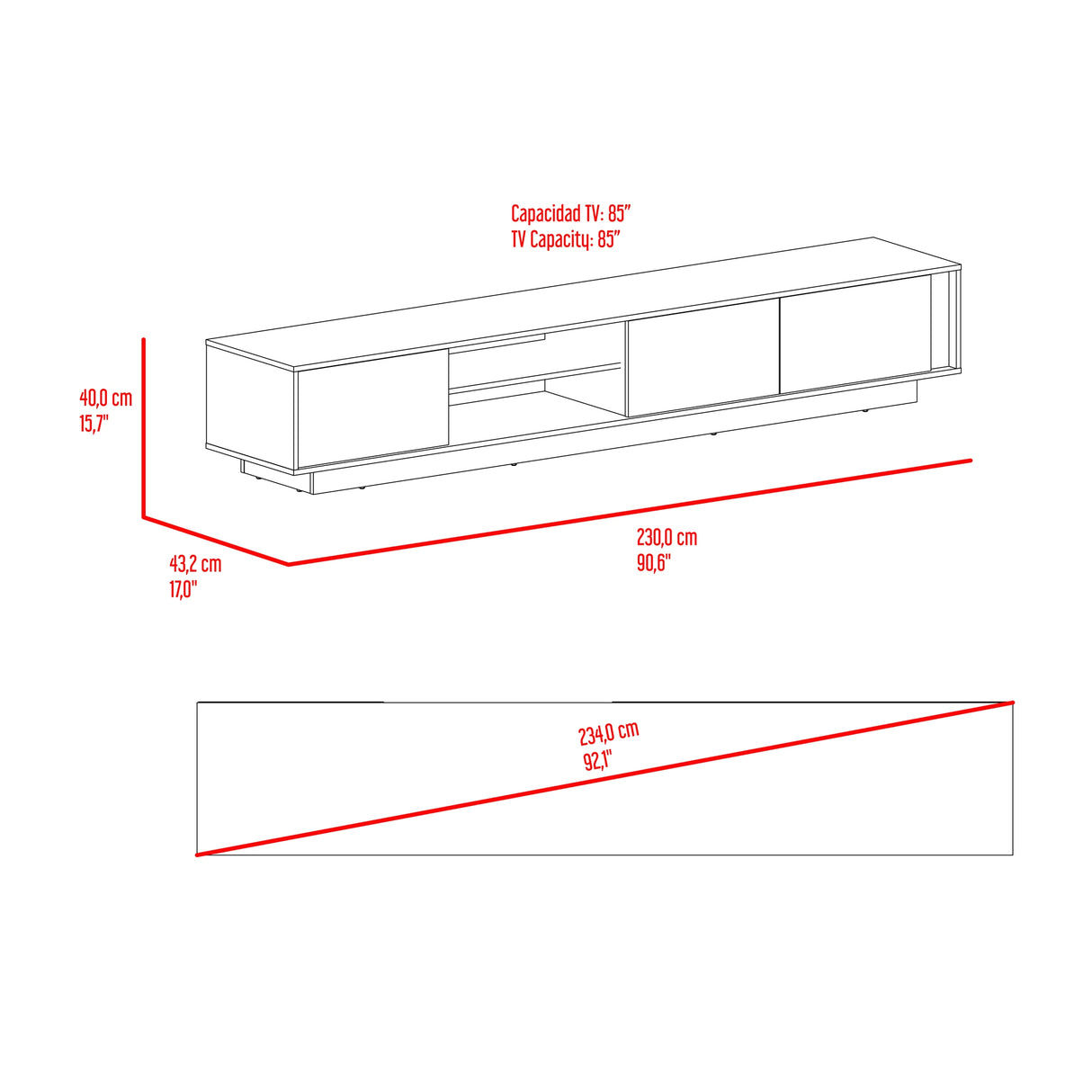 Rack de TV Maldivas Fresno Europeo y Capri 230x40cm para TV Hasta 85" Pulgadas con Dos Compartimientos - MUEBLES DE TV | Bylmo