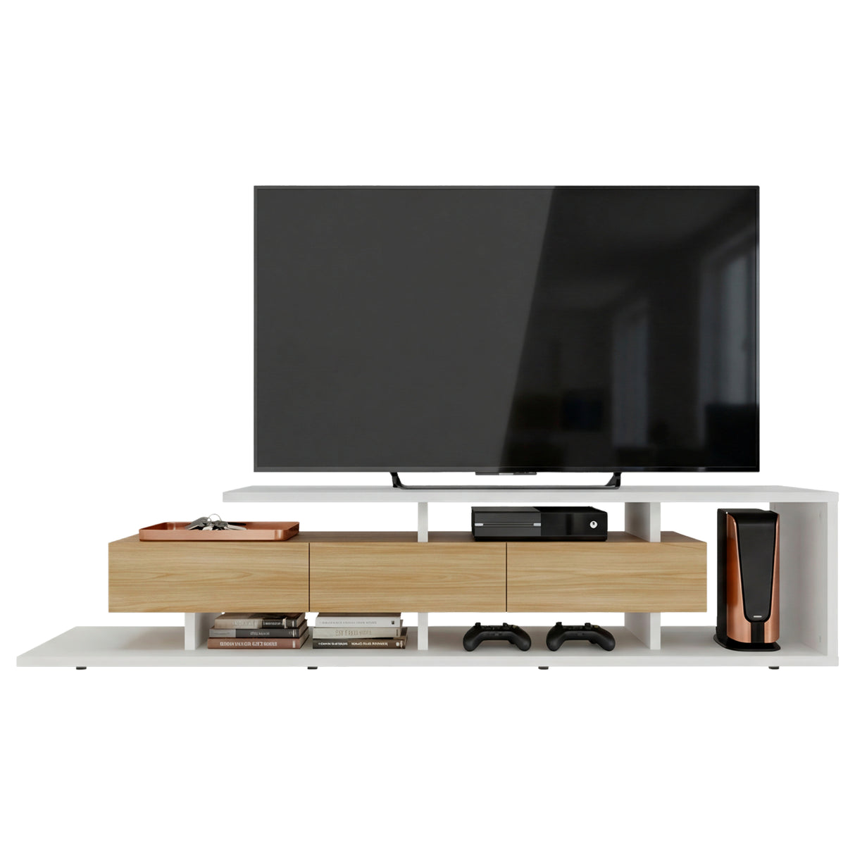 Rack de TV Quito Blanco Marquez y Fresno 200x44.4cm para TV Hasta 65" Pulgadas con Cuatro Compartimientos - MUEBLES DE TV | Bylmo