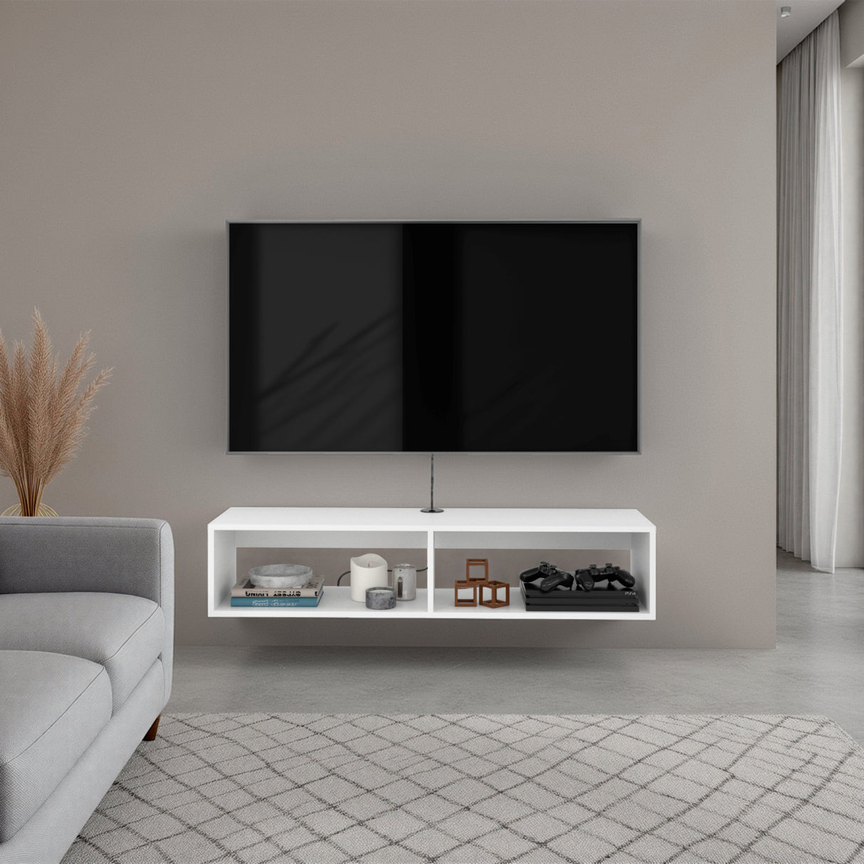 Rack de TV Rockwood Blanco 121.1x25.3cm para TV Hasta 55" Pulgadas con Dos Compartimientos y con Ranura para Cables - MUEBLES DE TV | Bylmo