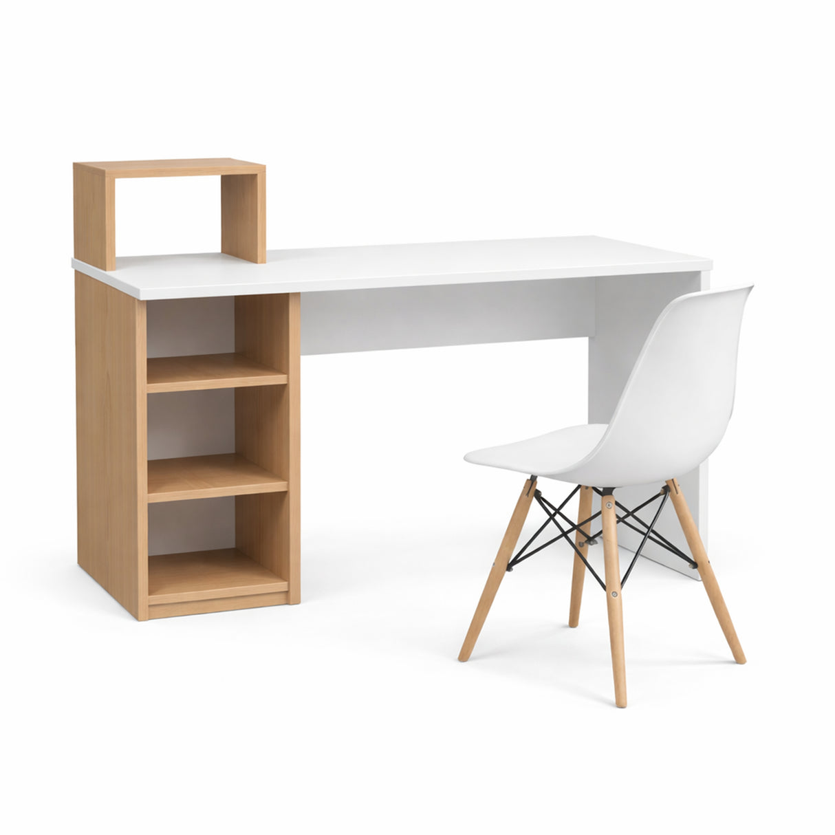 Combo Escritorio y Silla College Madera Clara Natural y Blanco 100x91.5cm con Organizador de Libros - ESCRITORIOS | Bylmo
