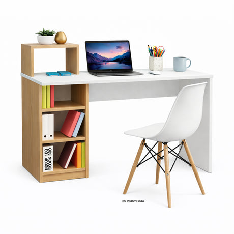 Combo Escritorio y Silla College Madera Clara Natural y Blanco 100x91.5cm con Organizador de Libros - ESCRITORIOS | Bylmo