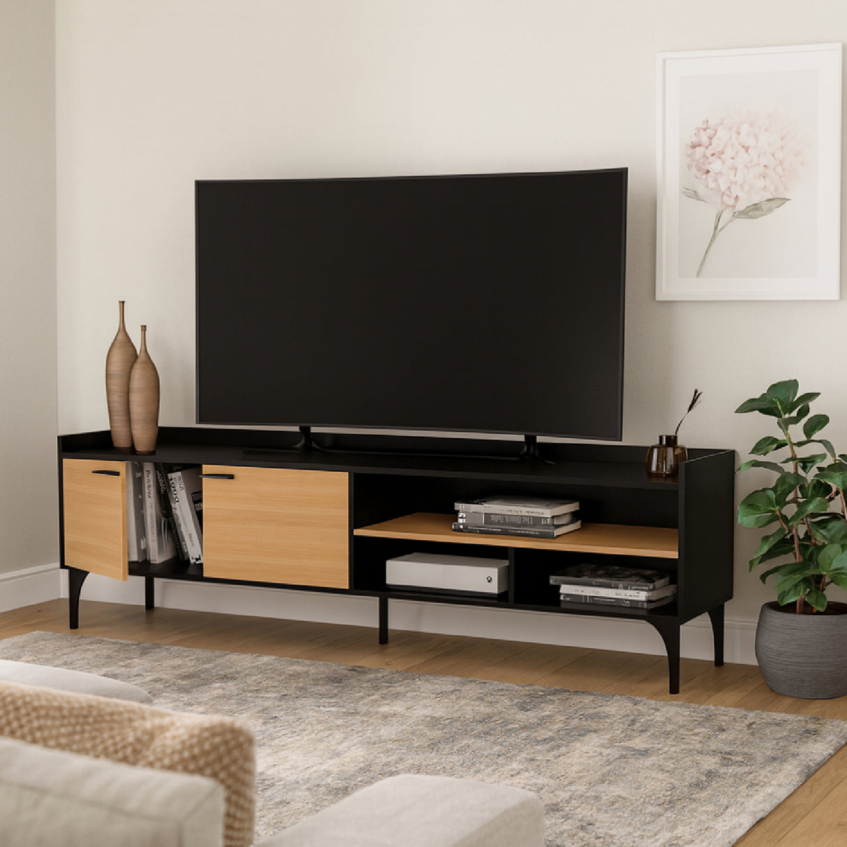 Mesa para TV Style Negro y Fresno 180x55cm para TV Hasta 77" Pulgadas con Cuatro Compartimientos