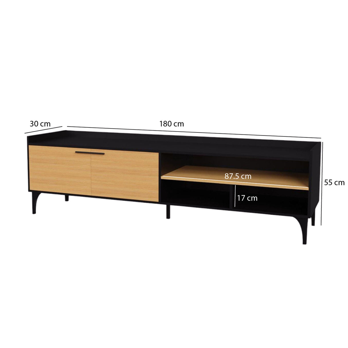 Mesa para TV Style Negro y Fresno 180x55cm para TV Hasta 77" Pulgadas con Cuatro Compartimientos