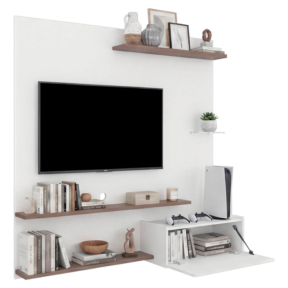 Panel de TV Henry Blanco Marquez y Avellana 180x180cm para TV Hasta 65" Pulgadas con Ranura para Cables