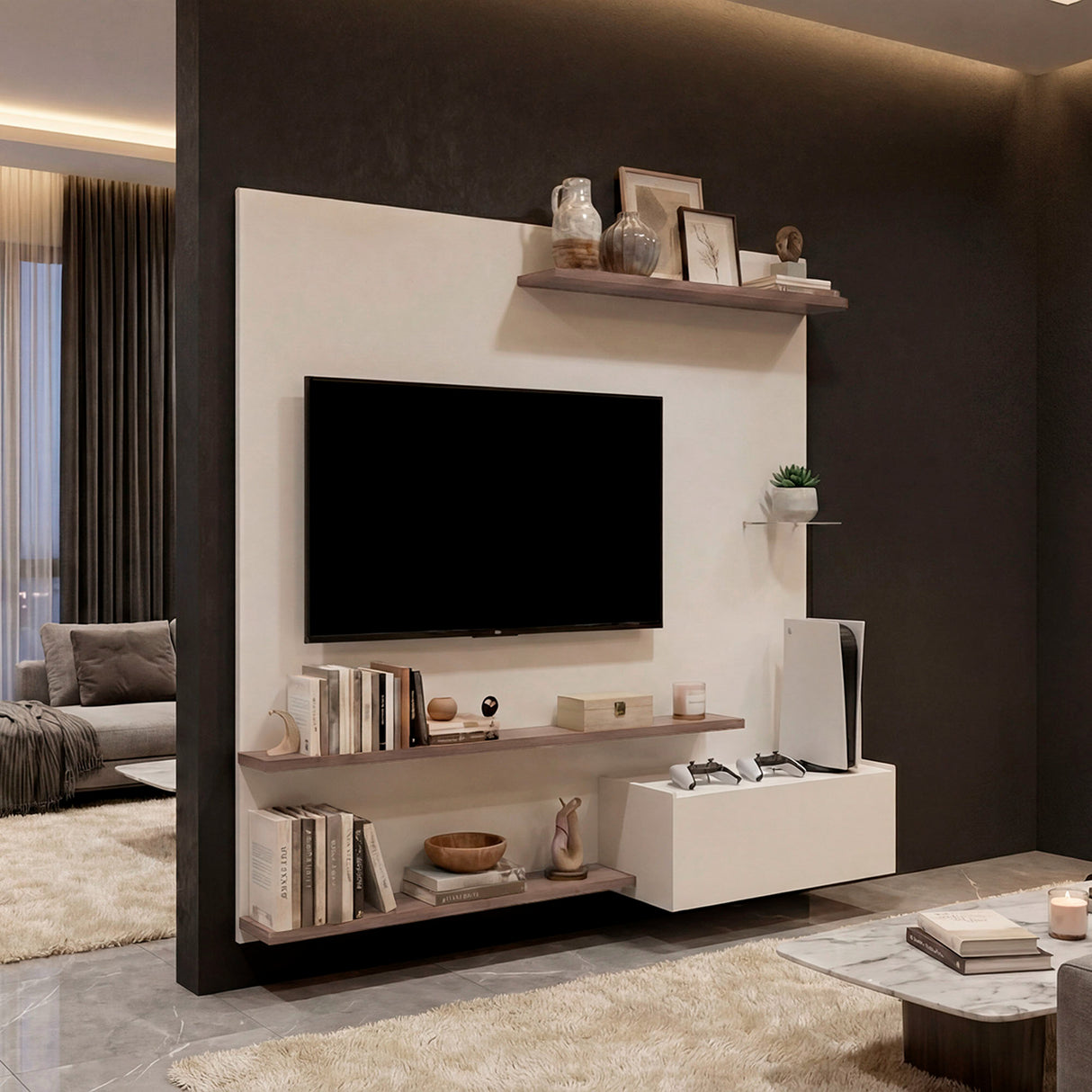 Panel de TV Henry Blanco Marquez y Avellana 180x180cm para TV Hasta 65" Pulgadas con Ranura para Cables