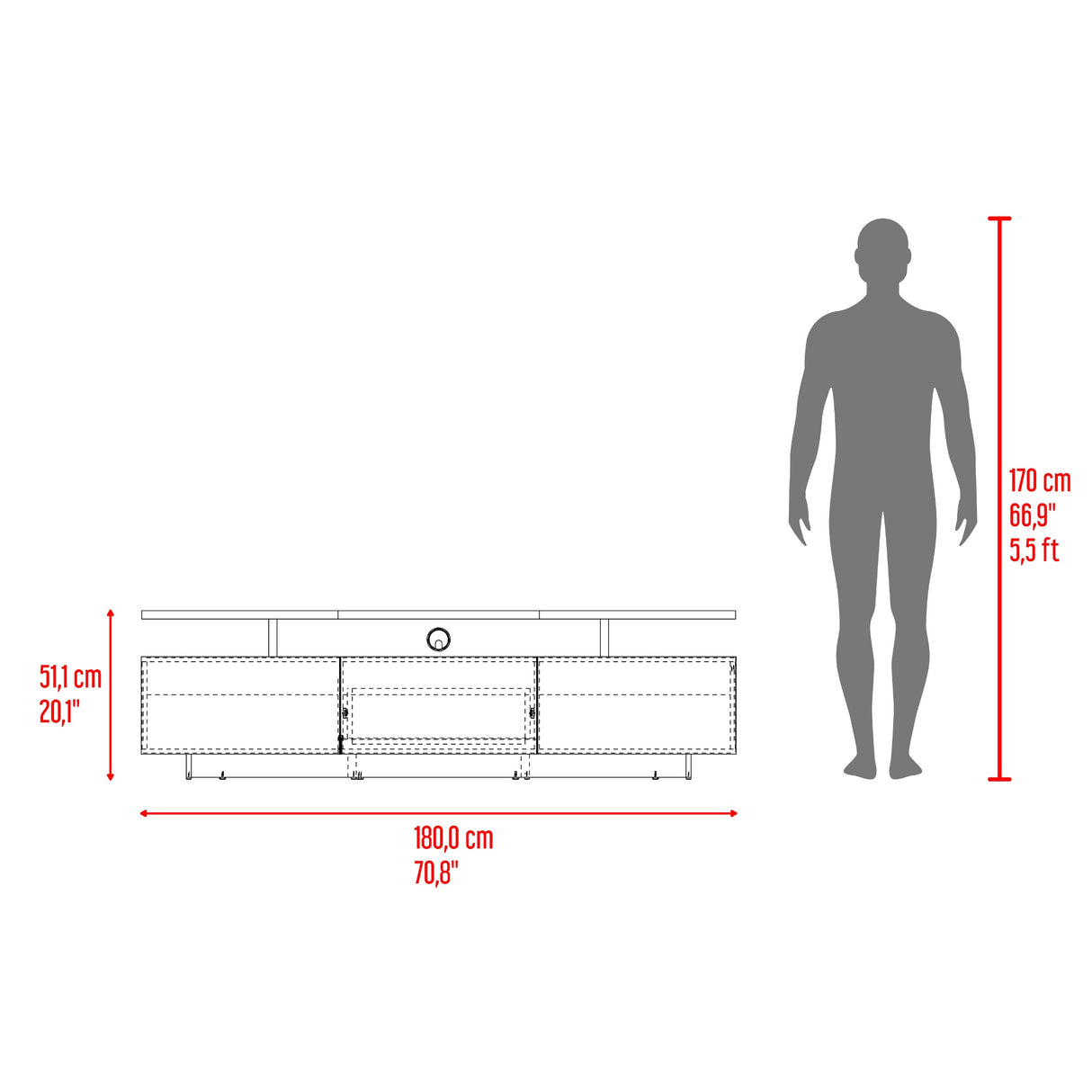 Rack de TV Serena Blanco Marquez y Fresno 180x51.1cm para TV Hasta 65" Pulgadas con Un Cajón y con Tres Compartimientos