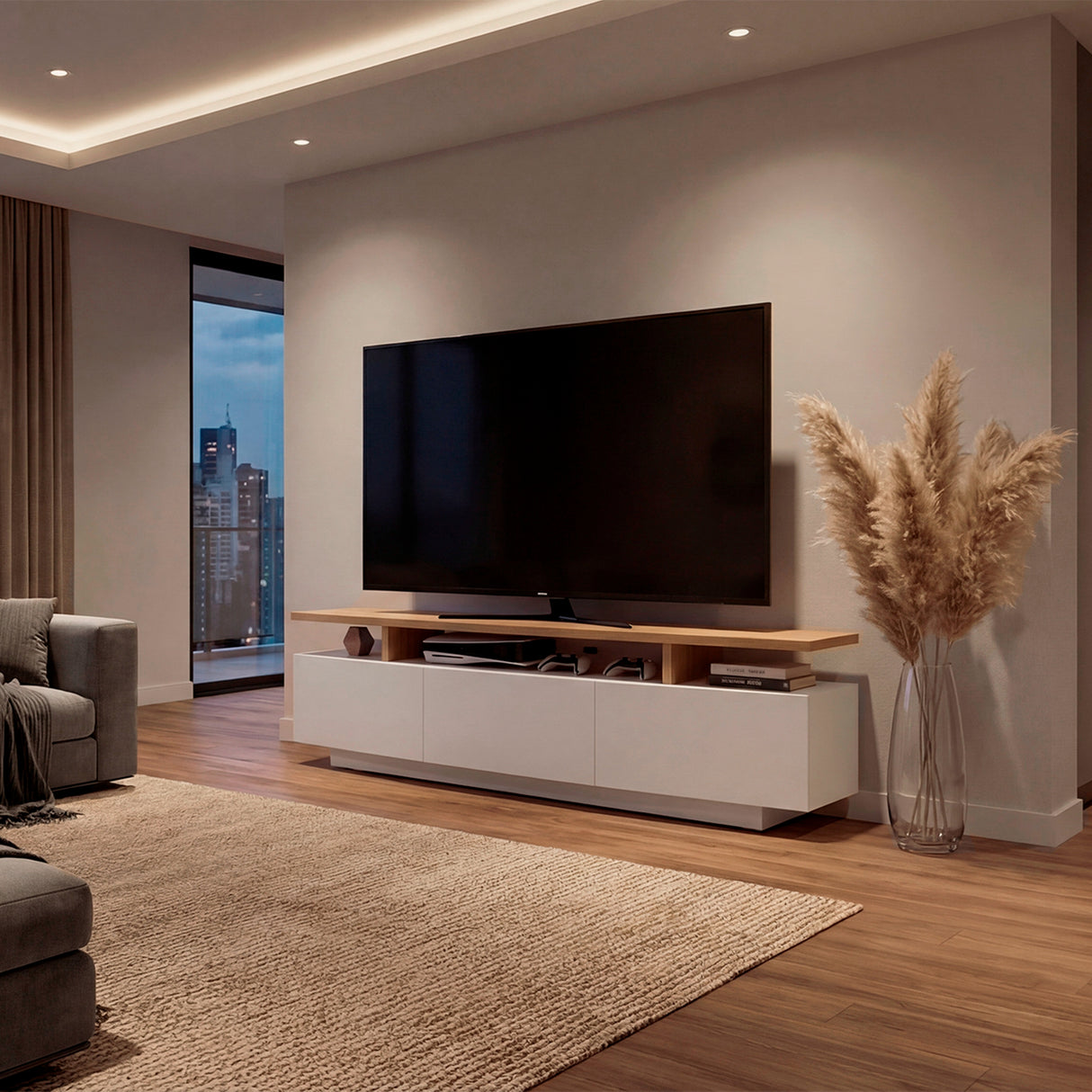 Rack de TV Serena Blanco Marquez y Fresno 180x51.1cm para TV Hasta 65" Pulgadas con Un Cajón y con Tres Compartimientos