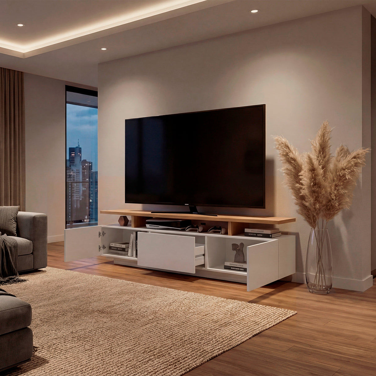 Rack de TV Serena Blanco Marquez y Fresno 180x51.1cm para TV Hasta 65" Pulgadas con Un Cajón y con Tres Compartimientos