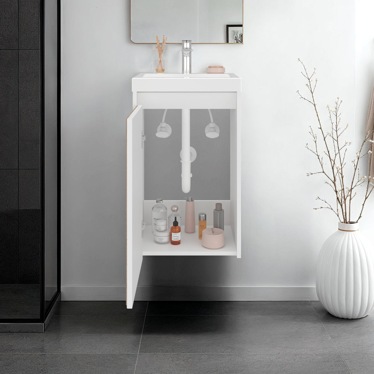 Mueble para Lavamanos Syracuse Blanco Marquez y Pino 39.6x60.8cm Individual con Lavamanos y con Un Cajón