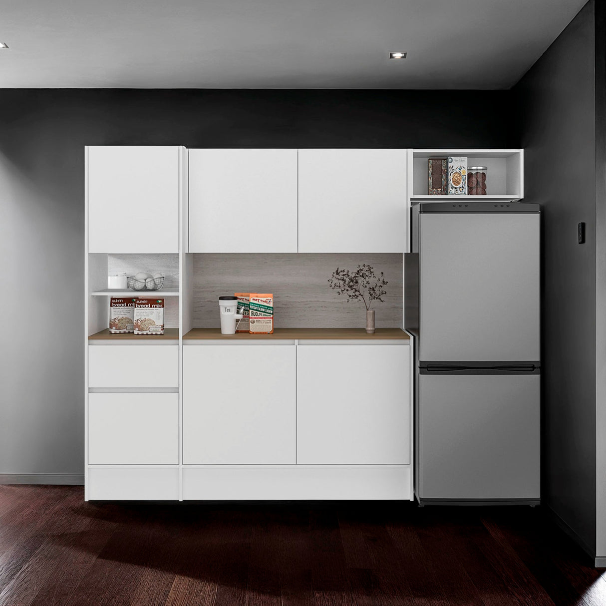 Cocina Dali Blanco y Fresno Europeo 229x182.5cm sin Mesón y sin Pozuelo