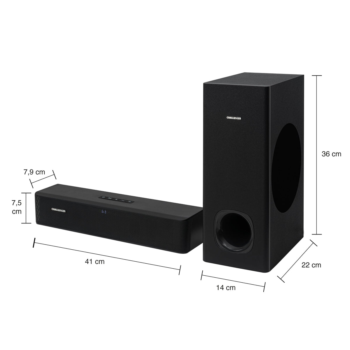 Barra de Sonido con Subwoofer Challenger Negro 55x43.9cm con Bluetooth y Control Remoto