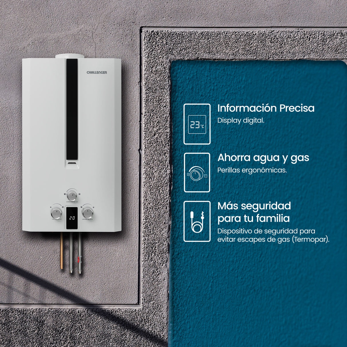 Calentador de Agua Challenger Blanco y Negro 35x61cm 12 Litros de Tiro Natural para Gas Propano - CALENTADORES DE AGUA | Bylmo