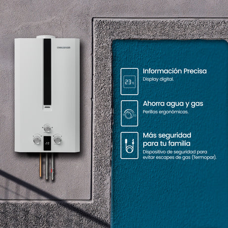 Calentador de Agua Challenger Blanco y Negro 35x61cm 12 Litros de Tiro Natural para Gas Propano - CALENTADORES DE AGUA | Bylmo