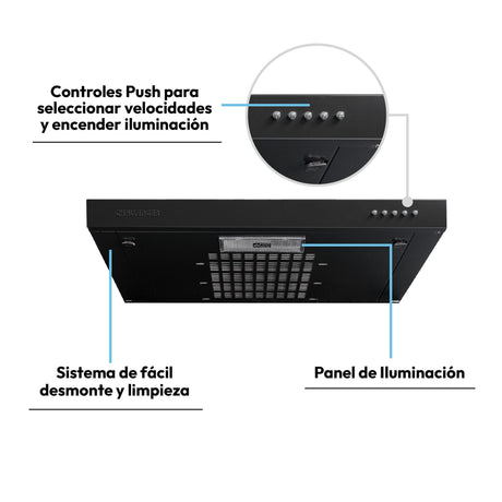 Campana Extractora Challenger Negro 59.7x8cm de Tres Velocidades - CAMPANAS Y EXTRACTORES | Bylmo