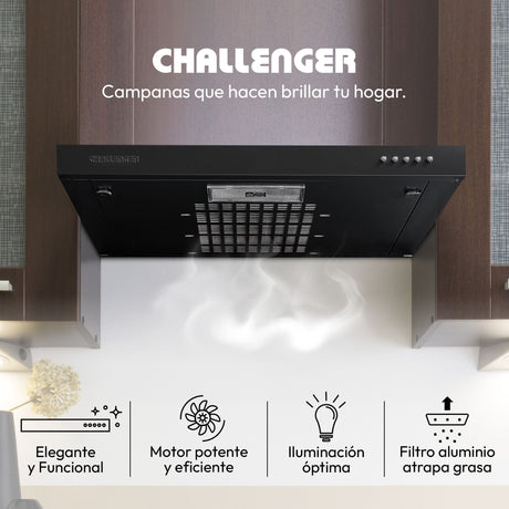 Campana Extractora Challenger Negro 59.7x8cm de Tres Velocidades - CAMPANAS Y EXTRACTORES | Bylmo