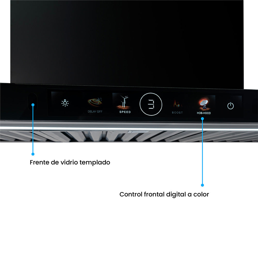 Campana Península Challenger Aura Negro 90x111cm de Tres Velocidades con Pantalla Digital - CAMPANAS Y EXTRACTORES | Bylmo