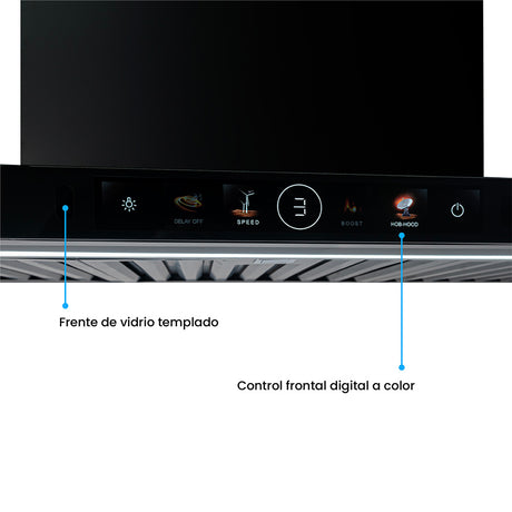 Campana Península Challenger Aura Negro 90x111cm de Tres Velocidades con Pantalla Digital - CAMPANAS Y EXTRACTORES | Bylmo
