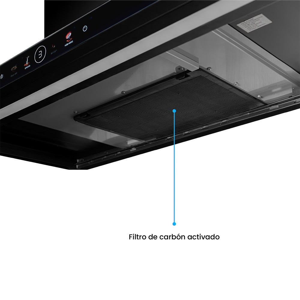 Campana Península Challenger Aura Negro 90x111cm de Tres Velocidades con Pantalla Digital - CAMPANAS Y EXTRACTORES | Bylmo