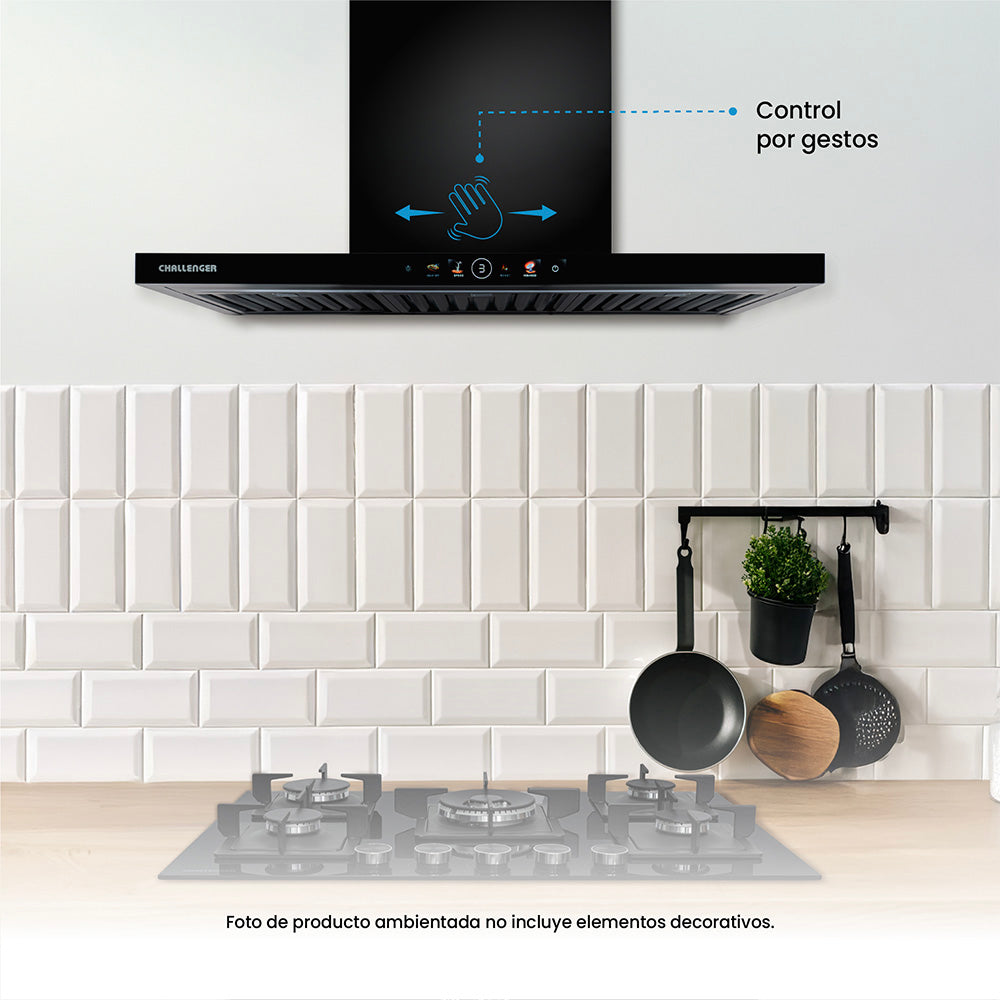 Campana Península Challenger Aura Negro 90x111cm de Tres Velocidades con Pantalla Digital - CAMPANAS Y EXTRACTORES | Bylmo