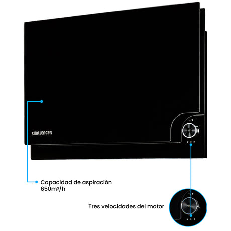 Campana Península Challenger Aura Negro 60x79.5cm de Tres Velocidades - CAMPANAS Y EXTRACTORES | Bylmo