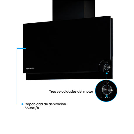 Campana Península Challenger Aura Negro 75x79.5cm de Tres Velocidades - CAMPANAS Y EXTRACTORES | Bylmo