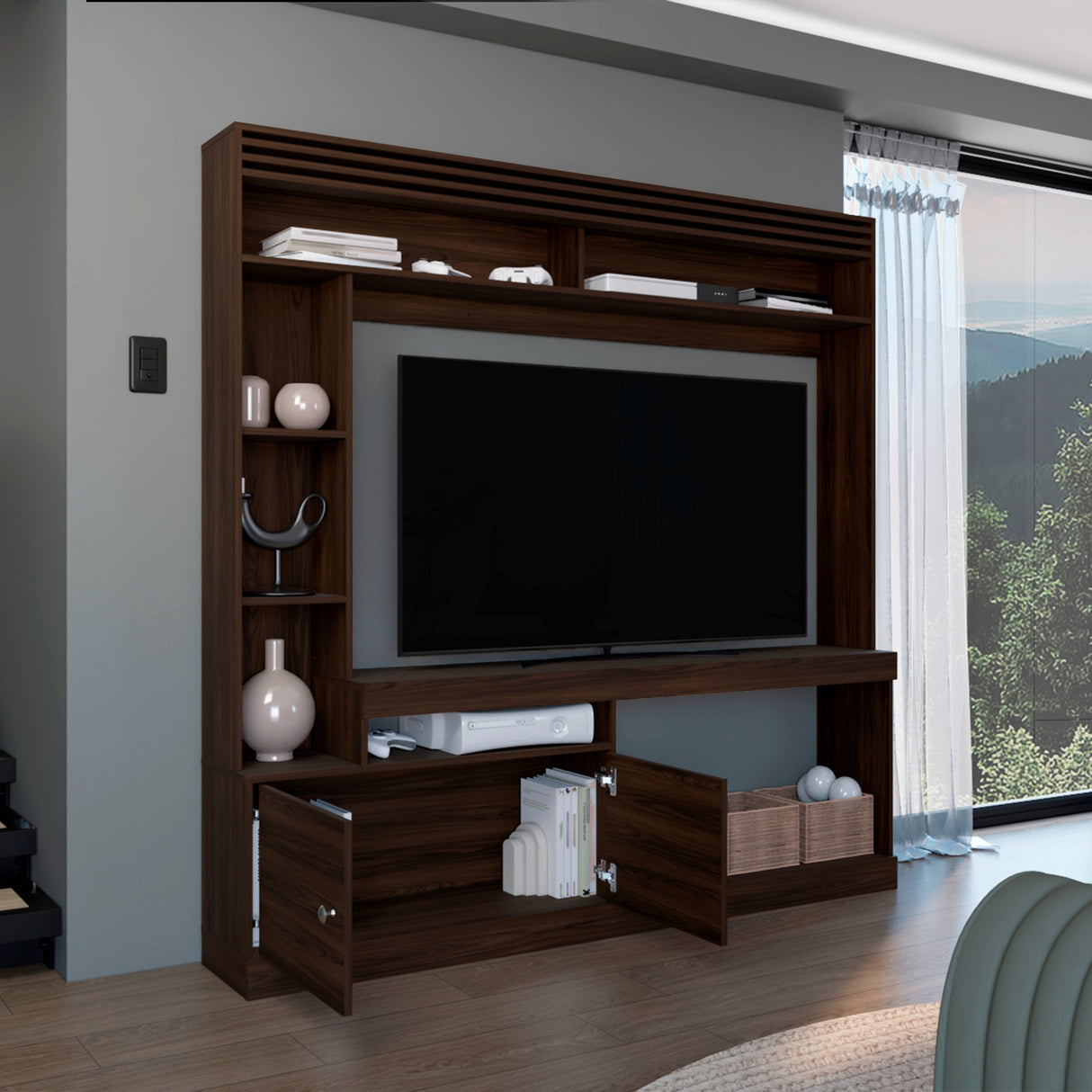 Centro de Entretenimiento Blaine Nogal 180x180.6cm para TV Hasta 65" Pulgadas con Siete Compartimientos