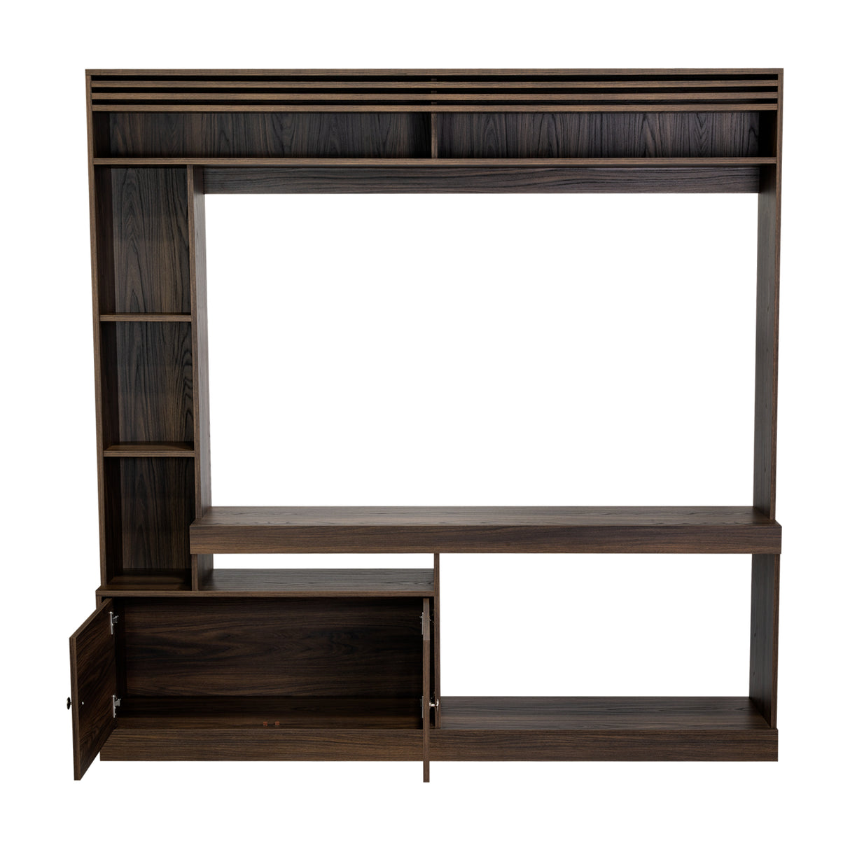 Centro de Entretenimiento Blaine Nogal 180x180.6cm para TV Hasta 65" Pulgadas con Siete Compartimientos