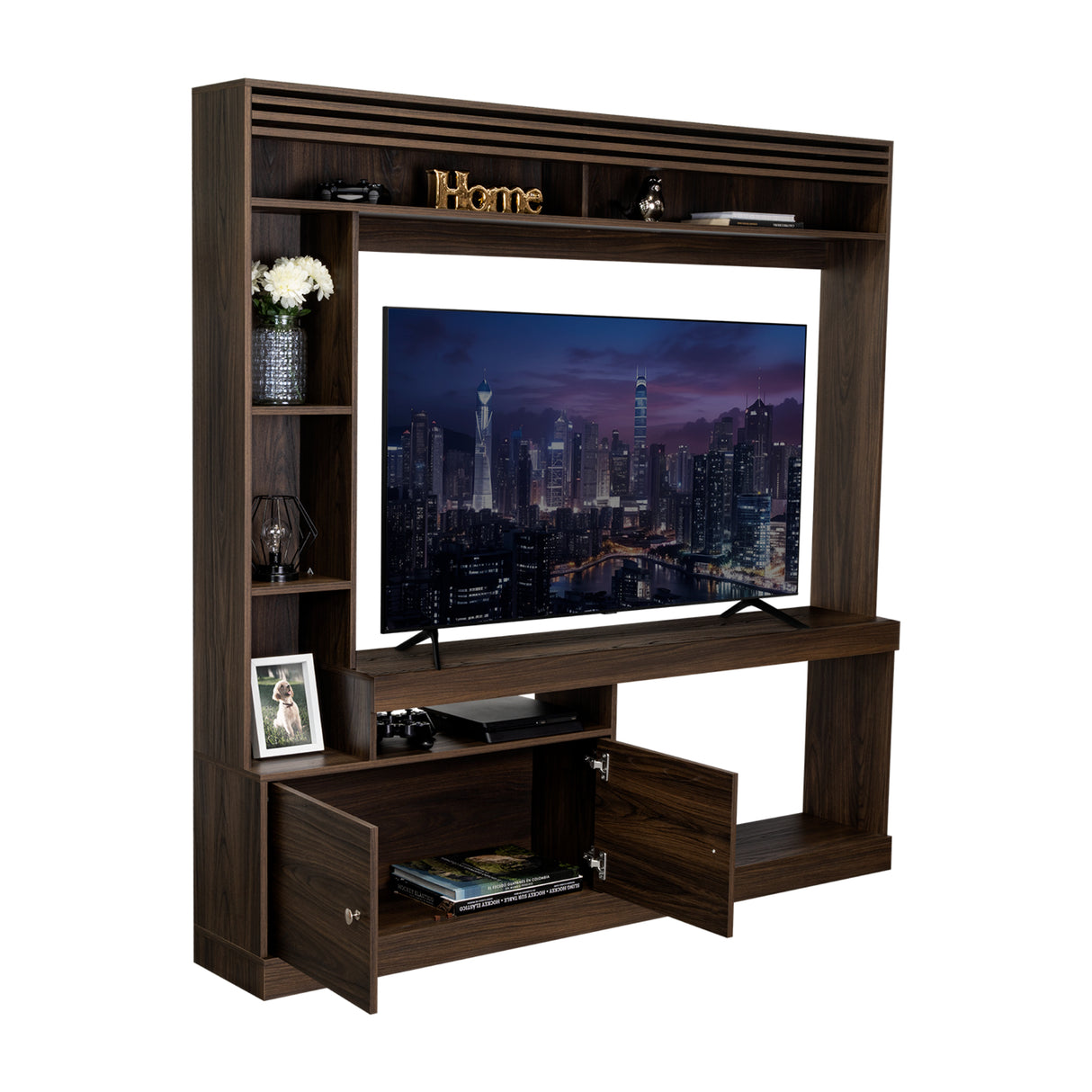 Centro de Entretenimiento Blaine Nogal 180x180.6cm para TV Hasta 65" Pulgadas con Siete Compartimientos