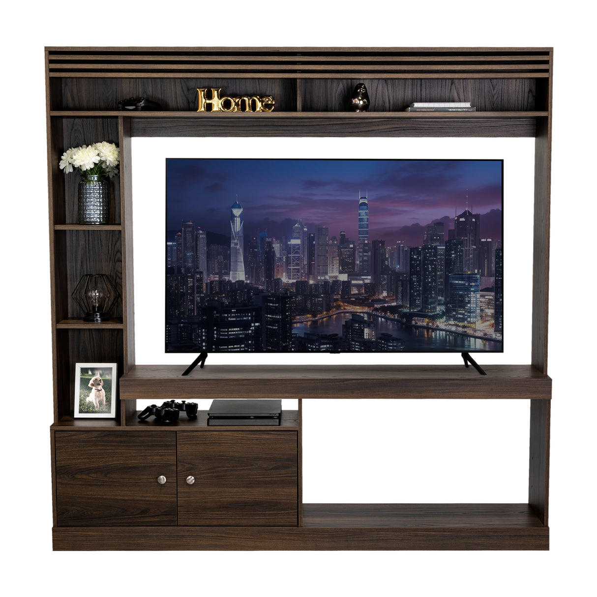 Centro de Entretenimiento Blaine Nogal 180x180.6cm para TV Hasta 65" Pulgadas con Siete Compartimientos