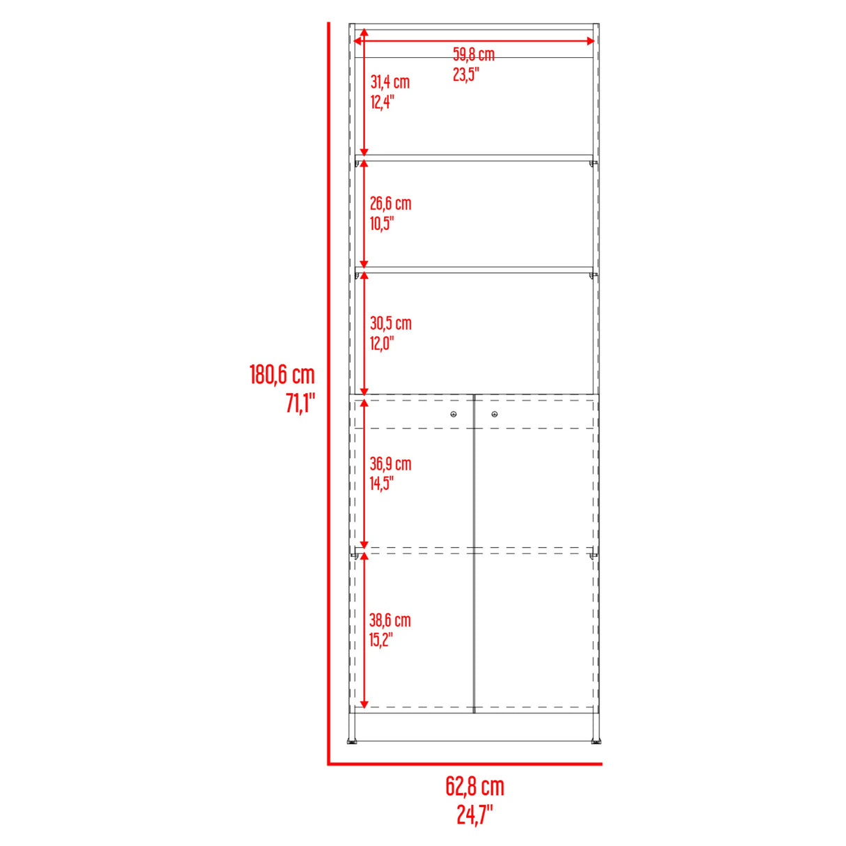 Estantería Rectangular Home Fresno Europeo y Blanco Marquez 62.8x180.6cm con Tres Compartimientos y con Un Entrepaños