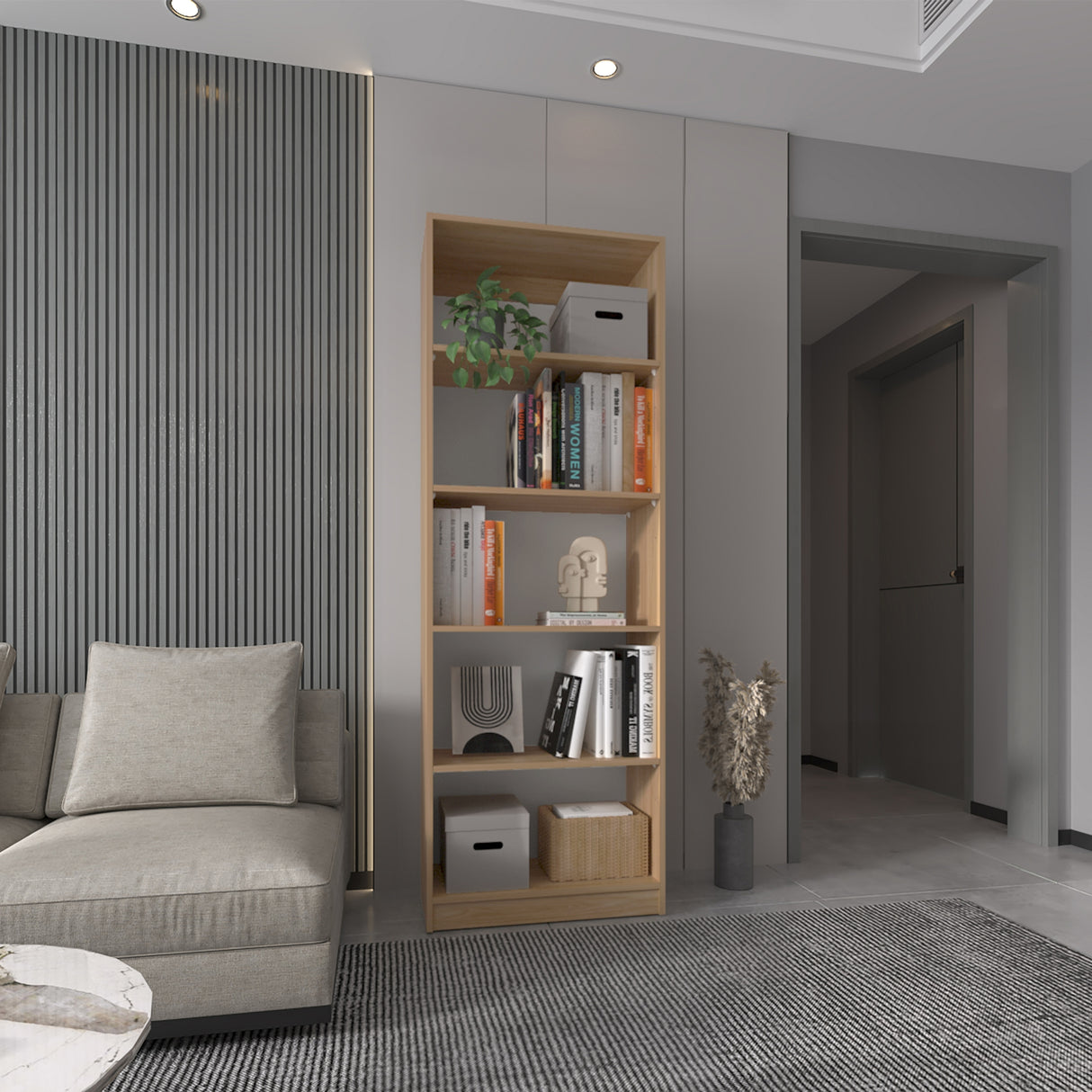 Estantería Rectangular Home Fresno Europeo y Blanco Marquez 62.8x180.6cm con Cuatro Compartimientos y con Tres Entrepaños