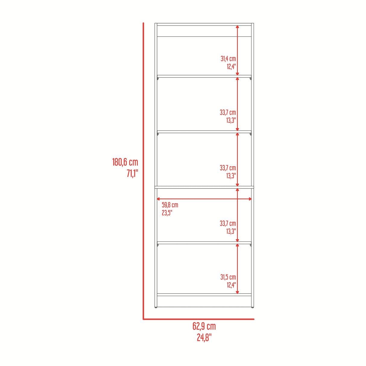Estantería Rectangular Home Fresno Europeo y Blanco Marquez 62.8x180.6cm con Cuatro Compartimientos y con Tres Entrepaños