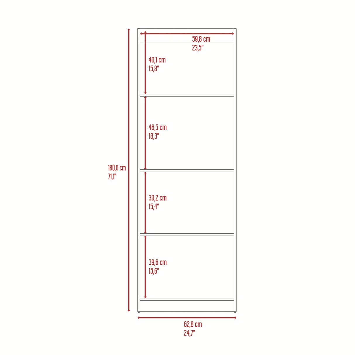 Estantería Rectangular Home Fresno Europeo y Blanco 62.8x180.6cm con Cuatro Compartimientos y con Tres Entrepaños