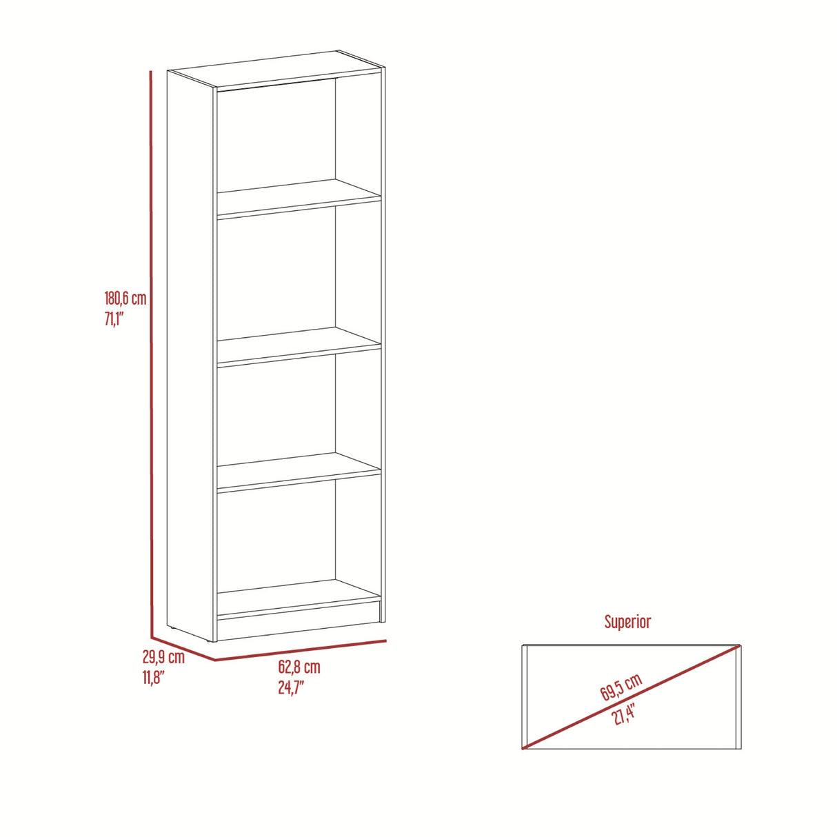 Estantería Rectangular Home Fresno Europeo y Blanco 62.8x180.6cm con Cuatro Compartimientos y con Tres Entrepaños