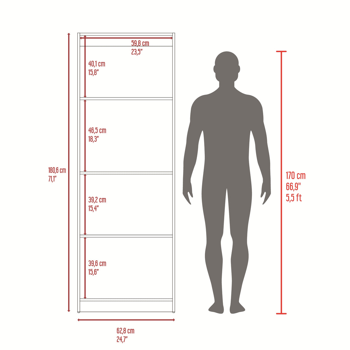 Estantería Rectangular Home Fresno Europeo y Blanco 62.8x180.6cm con Cuatro Compartimientos y con Tres Entrepaños