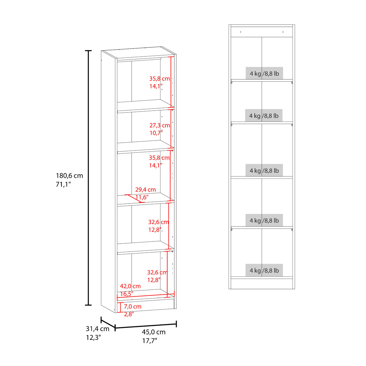 Estantería Rectangular Home Macadamia 45x180.6cm con Cuatro Entrepaños