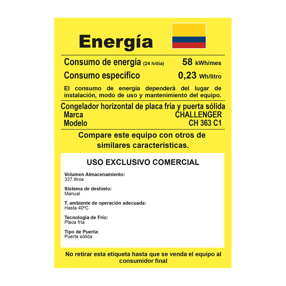 Congelador Challenger Blanco 117x89.5cm de 337 Litros Frost con Un Compartimiento