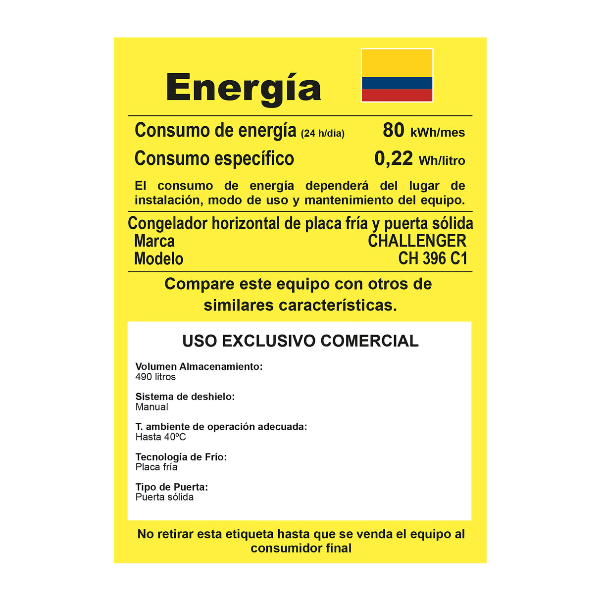 Congelador Challenger Blanco 156x89.5cm de 490 Litros Frost con Un Compartimiento