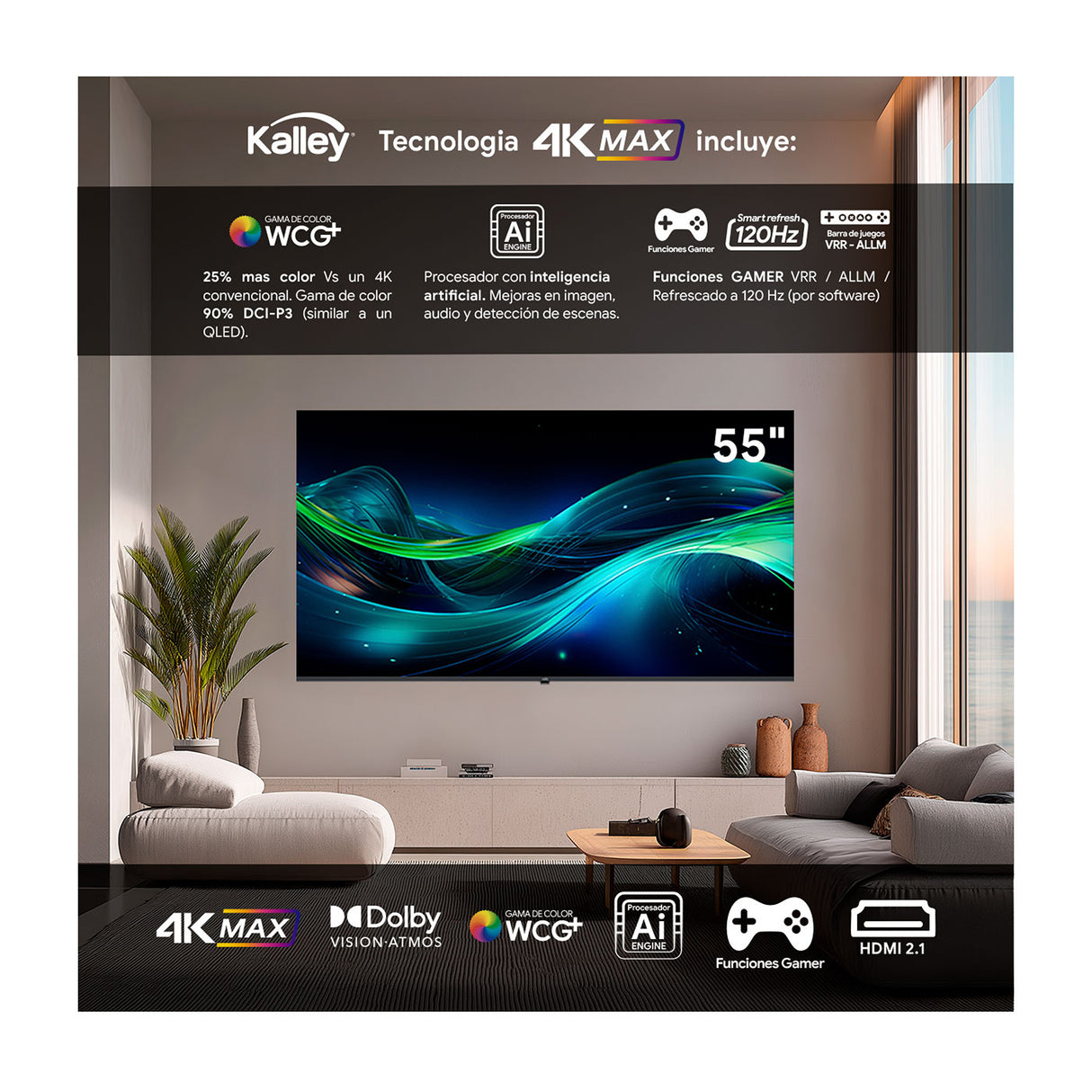 Televisor Kalley Google TV Negro 122.6x77.6cm de 55" Pulgadas Smart LED 4K 2160P con Wifi y Bluetooth Integrado