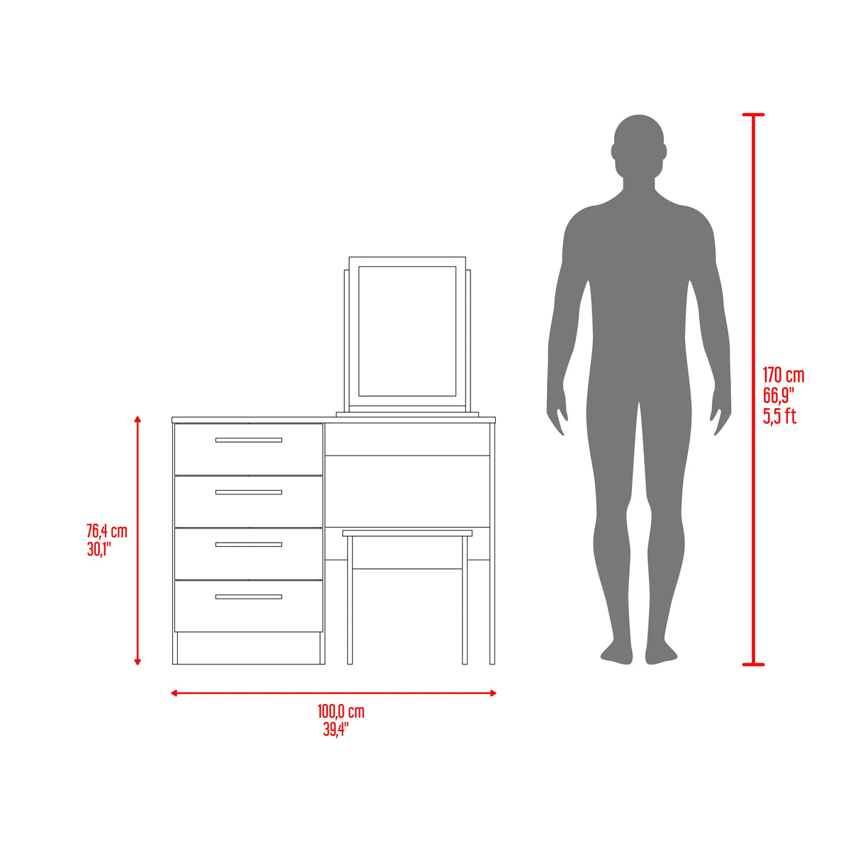 Tocador Kaia Avellana y Wengue 100x126.7cm con Cuatro Cajones y con Espejo