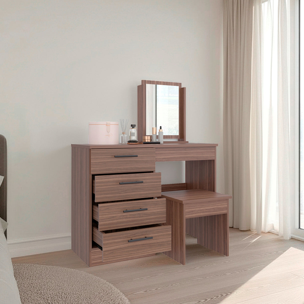 Tocador Kaia Avellana y Wengue 100x126.7cm con Cuatro Cajones y con Espejo