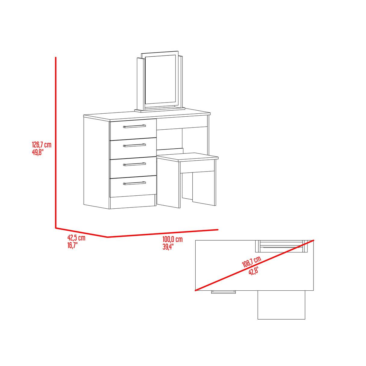 Tocador Kaia Avellana y Wengue 100x126.7cm con Cuatro Cajones y con Espejo