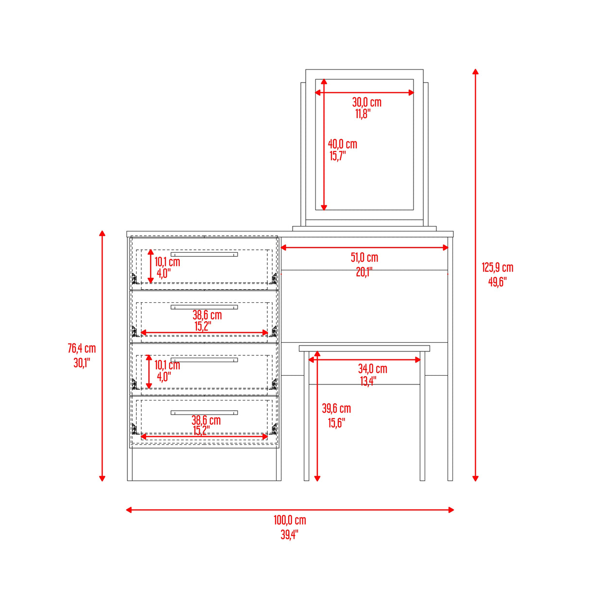 Tocador Kaia Avellana y Wengue 100x126.7cm con Cuatro Cajones y con Espejo
